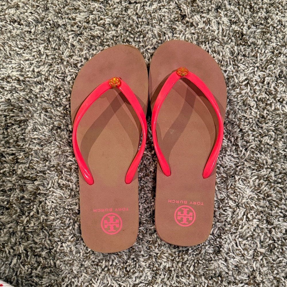 Tory Burch Eva Flip Flops With Hot Pink Straps, Color: Brown/Pink